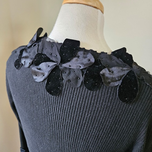 Vintage 90s Y2K Nygard Collection Black Ribbed Embellished Silk Sweater Top L - Picture 8 of 10